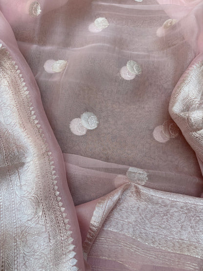 Pink Chiniya silk  silver zari 3 piece suit set