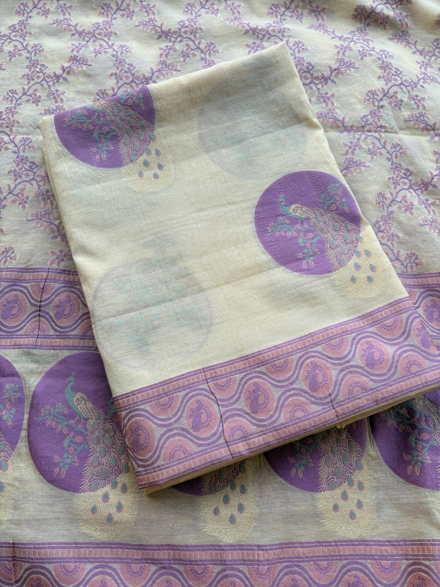 Cream lavender Chanderi cotton suit set
