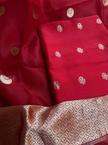 Red chiniya silk kurta, kora silk dupatta, plain bottom