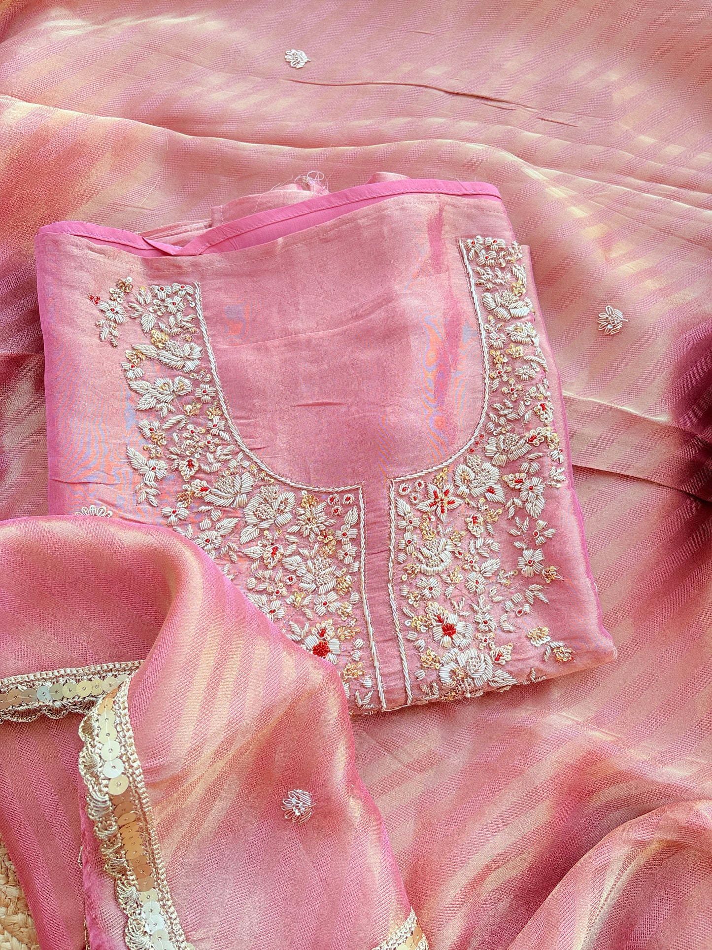 Pink tissue silk hand embroidery suit set