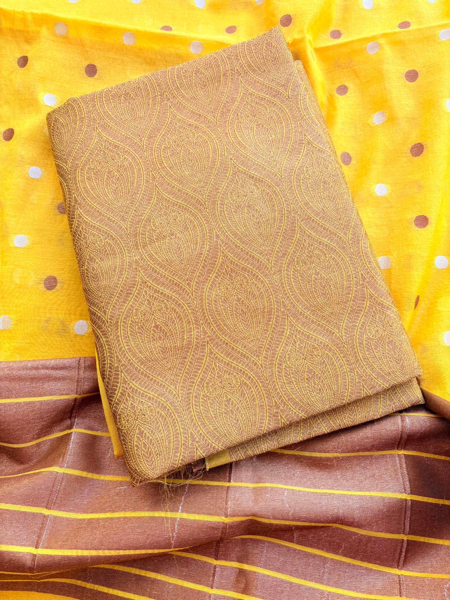 Yellow brocade cotton tissue suit set