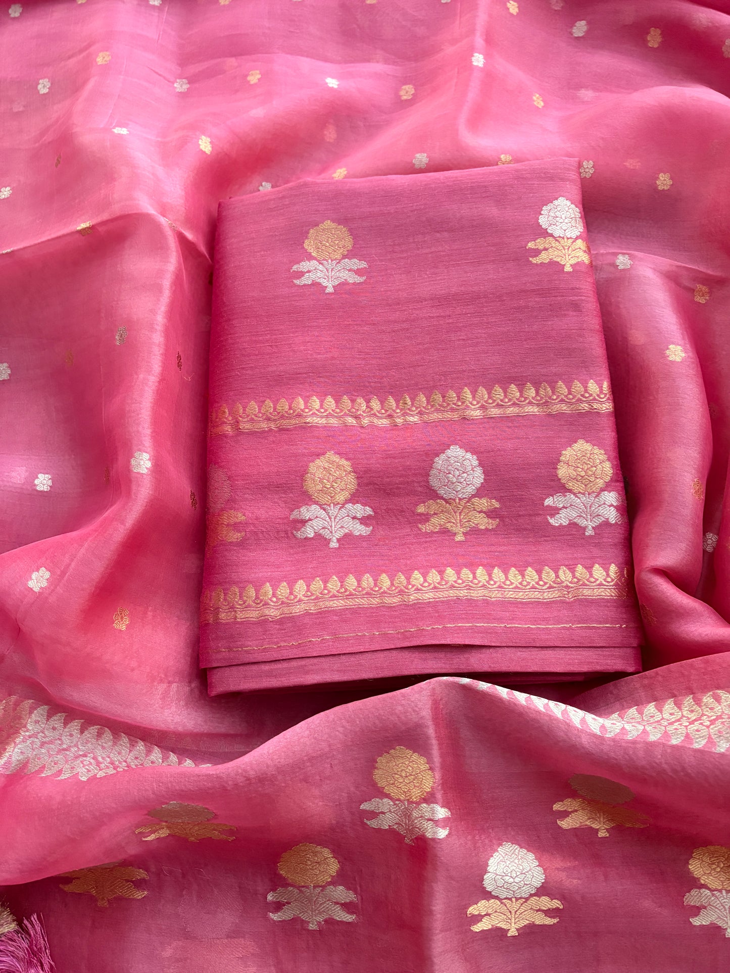 Pink moonga silk kurta , bottom and kora silk dupatta