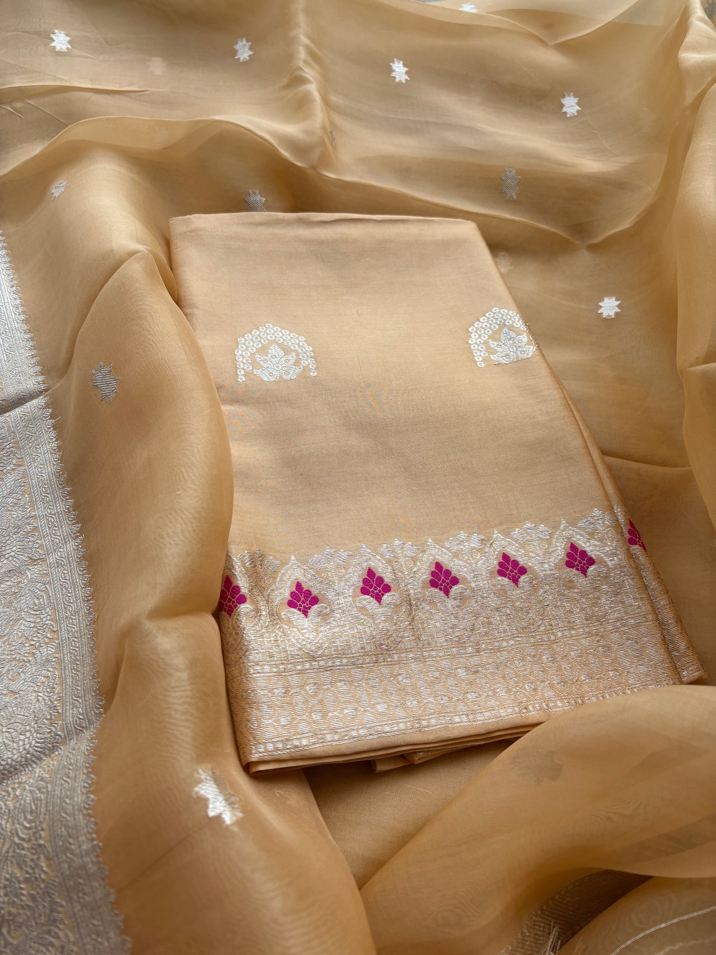 Beige Chiniya silk suit set with kora silk silver zari dupatta