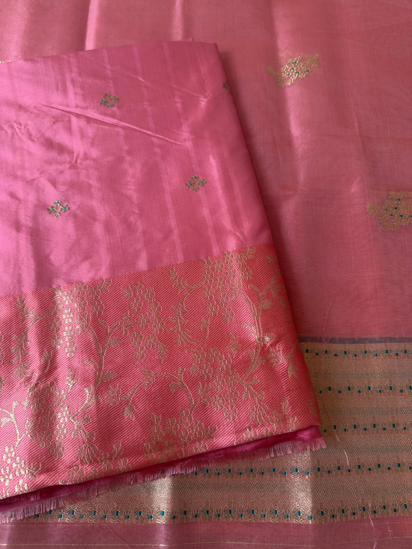 Pink katan silk embroidered kurta, plain katan bottom and kora silk dupatta .