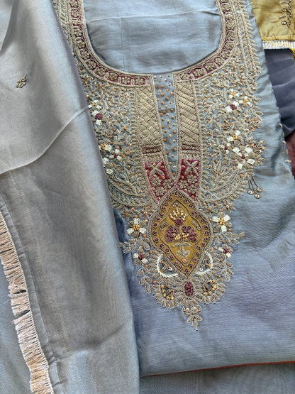Grey 3 colored tissue hand embroidered suit set