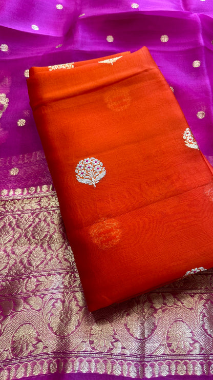 Orange kora silk kurta, magenta kora dupatta, plain bottom