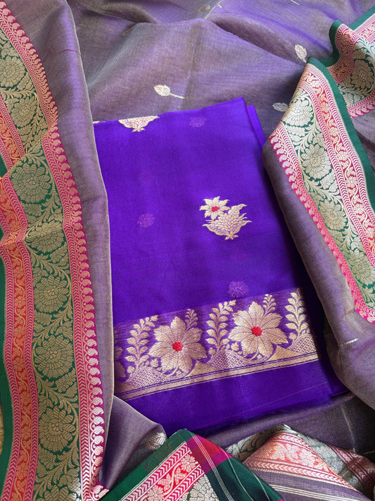 Purple kora kurta, kadhwa kora tissue dupatta, pure silk bottom