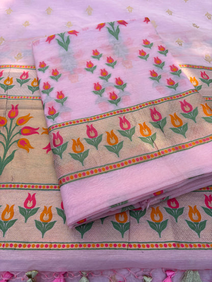 Pink meenadar flower design Chanderi cotton suit set