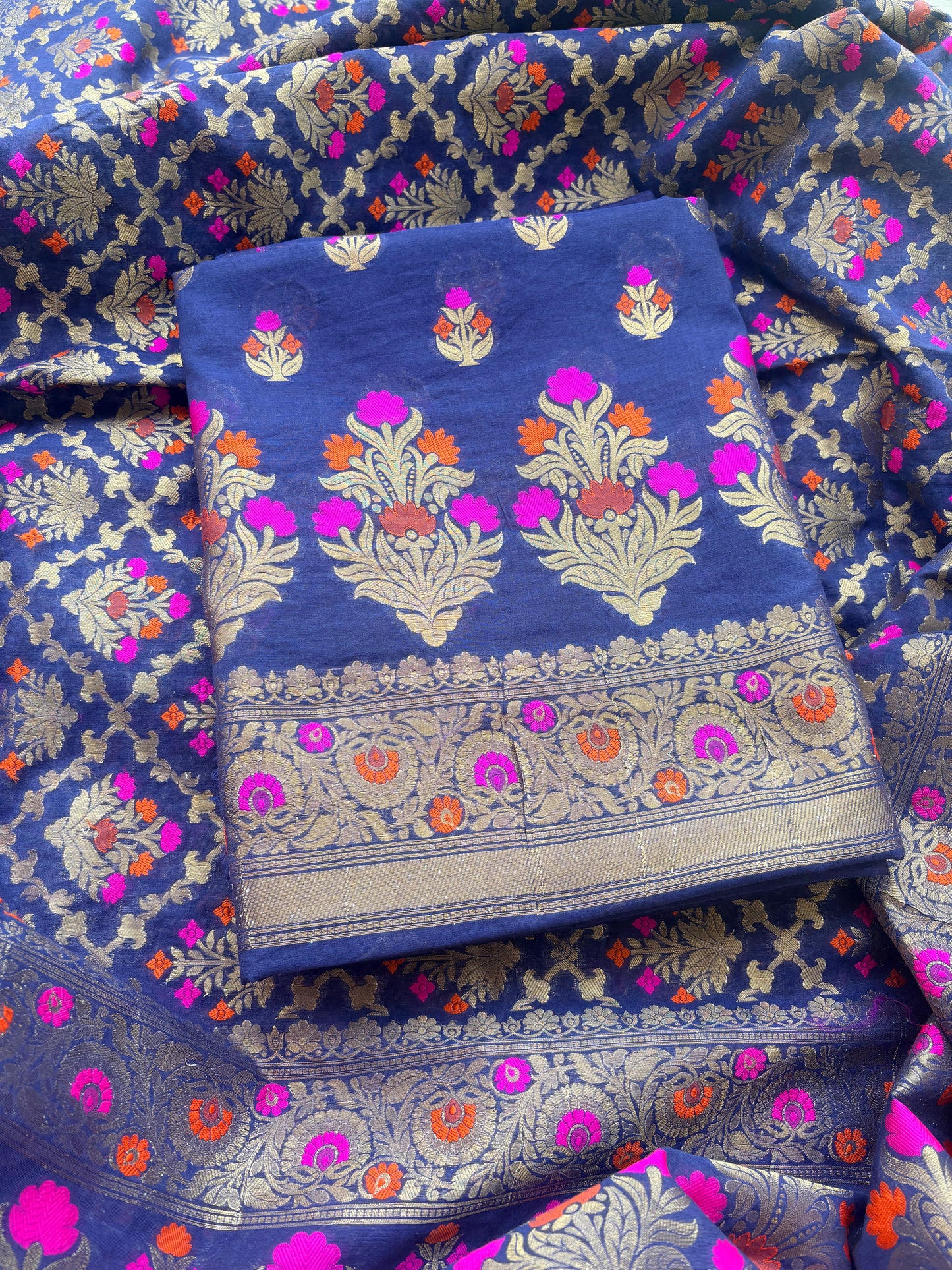 Blue Chanderi Resham zari heaving jaal dupatta suit set