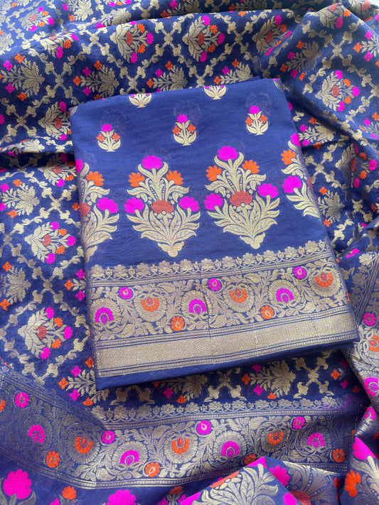 Blue Chanderi Resham zari heaving jaal dupatta suit set