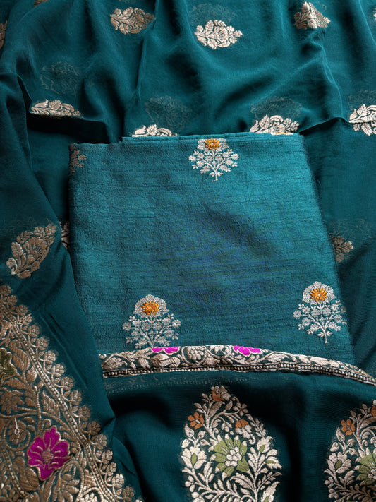 Green raw silk meenadar Kurta, bottom , Khaddi georgette dupatta