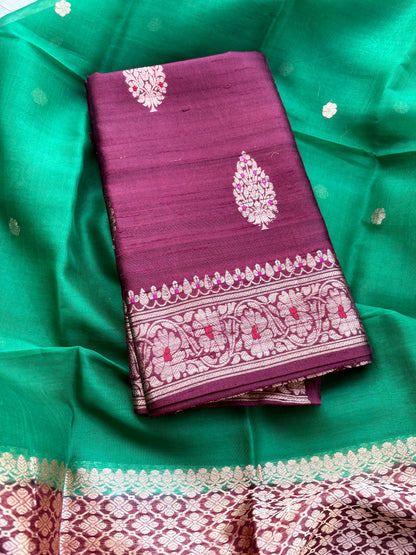 Wine kurta with green kora silk dupatta