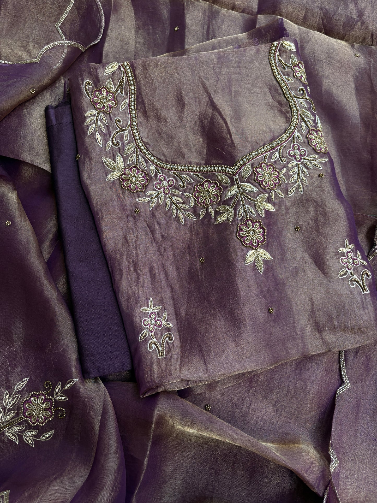 Purple tissue hand embroidered suit set