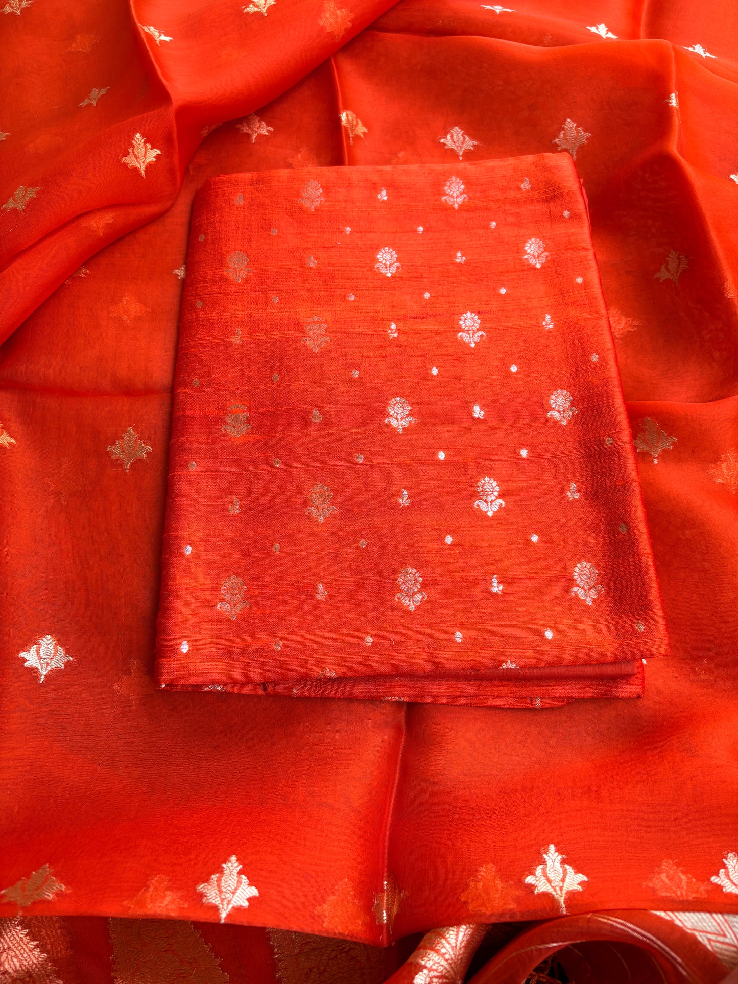 Orange raw silk kurta , bottom and kora silk dupatta