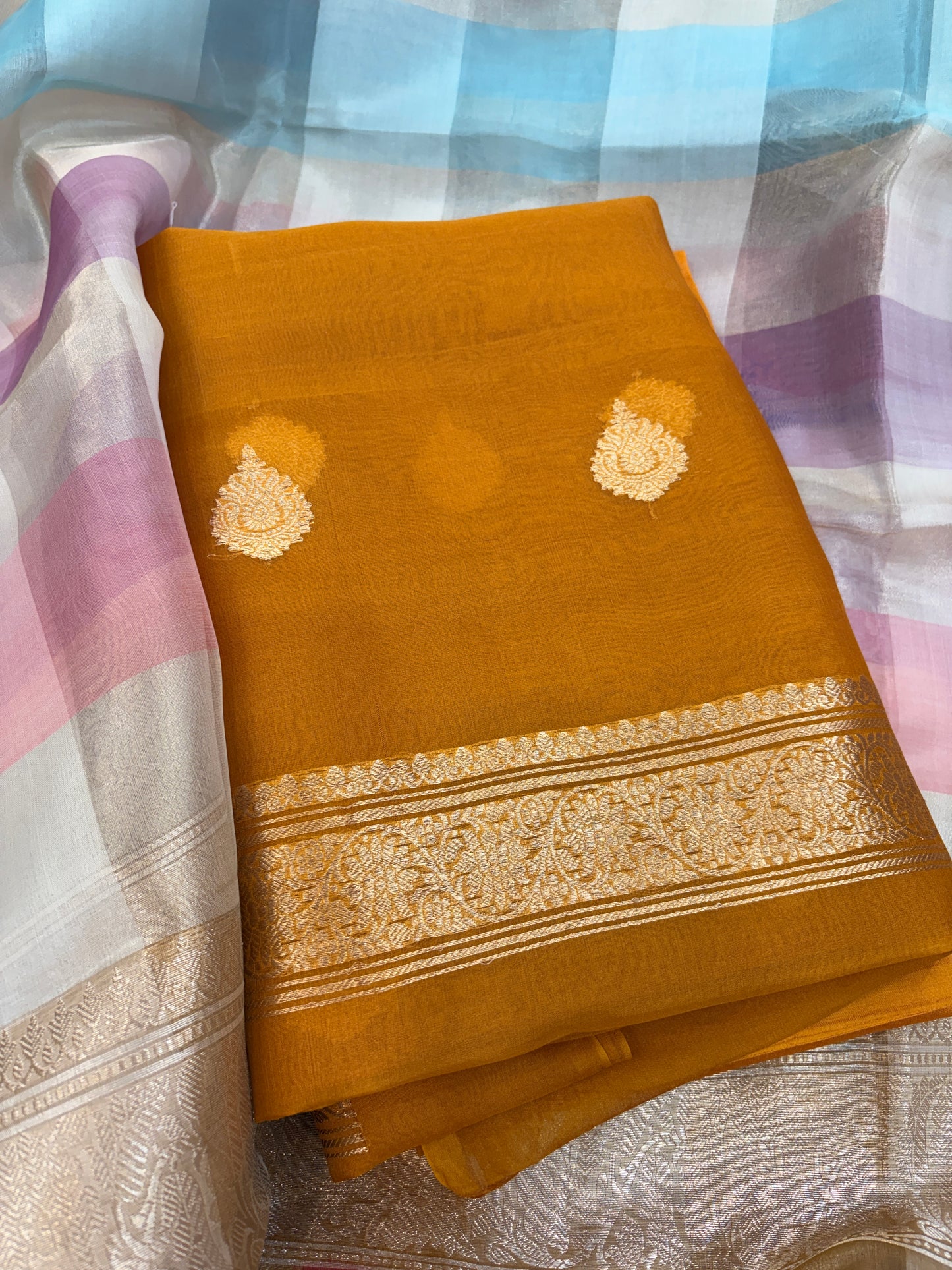 Mustard Kora silk with check kadhwa dupatta