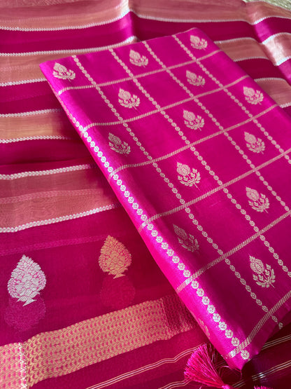 Pink chiniya katan silk suit, kora tissue dupatta, plain bottom