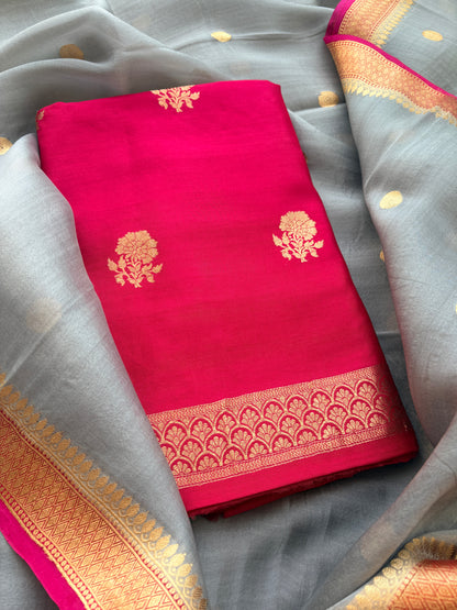 Pink chiniya silk kurta , bottom and kora silk dupatta