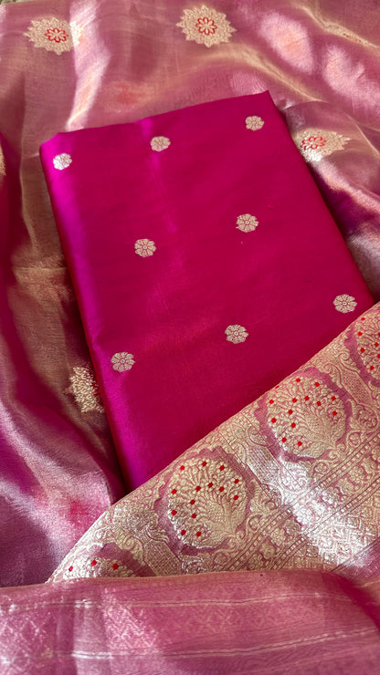 Pink katan silk kurta, tissue meendar dupatta, plain silk bottom.