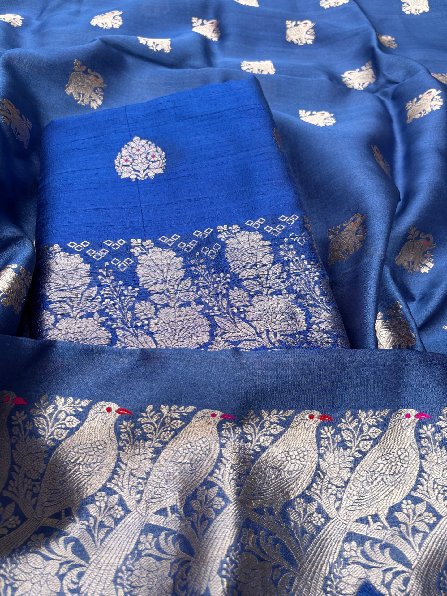 Blue raw silk kurta, bottom, Chiniya kora dupatta