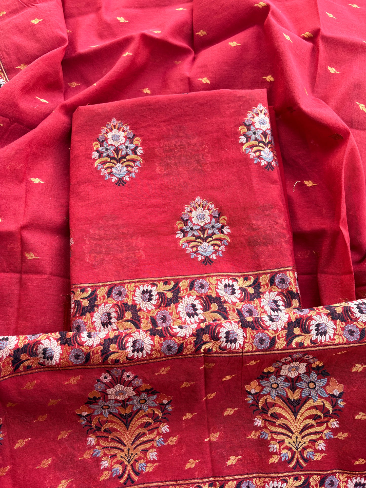 Red meenadar weaving Chanderi suit set