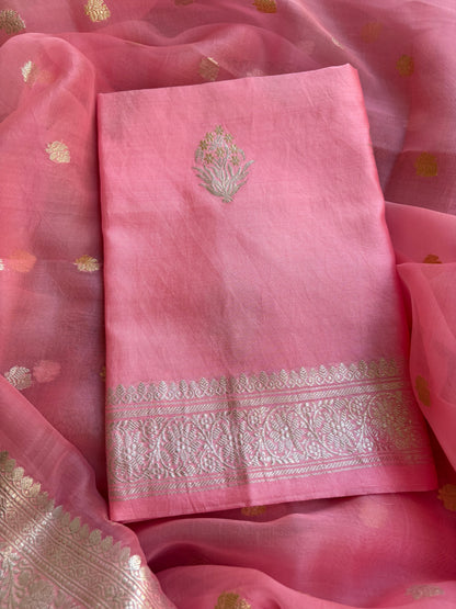 Pink pure silver zari chiniya kurta, kora dupatta, plain silk bottom.