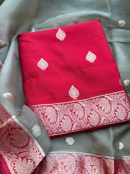 Red Chiniya silk kadhwa shaded dupatta