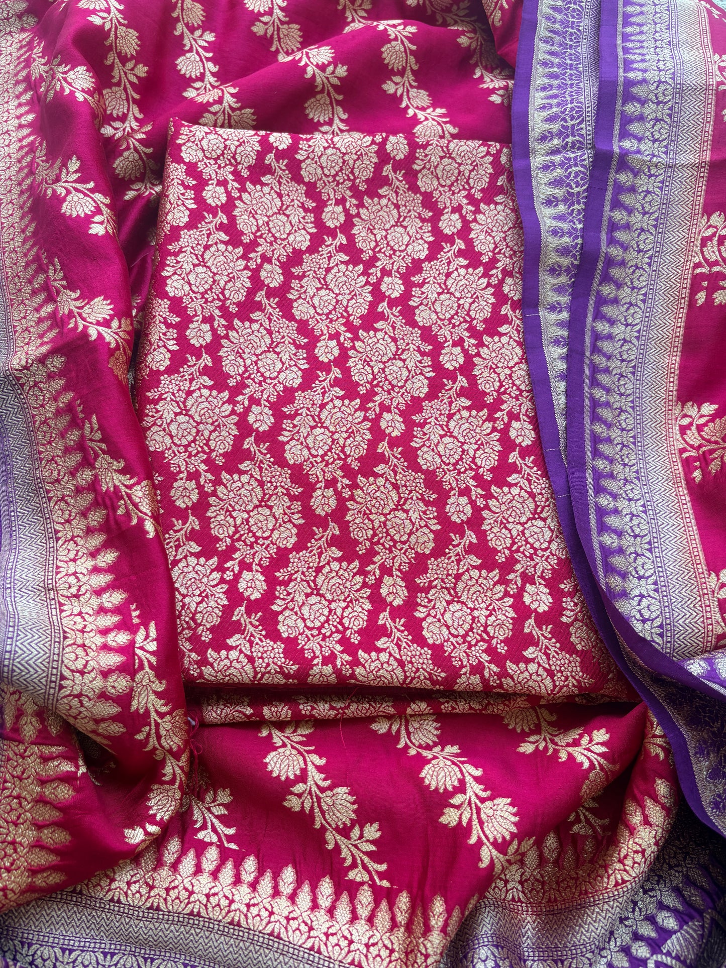 Red moonga silk suit with purple chap dye dupatta