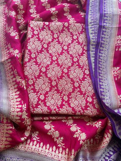 Red moonga silk suit with purple chap dye dupatta