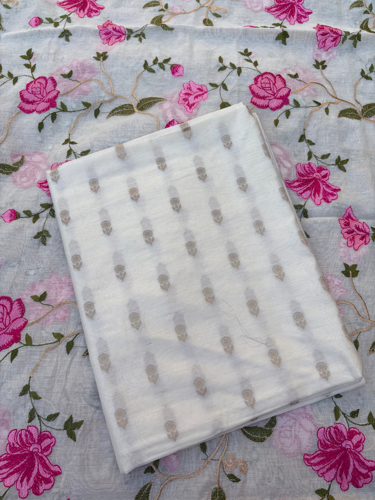White cotton, embroidered dupatta, plain bottom
