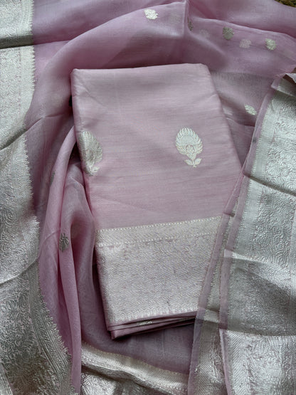 Pink lavender silver zari Chiniya silk suit set