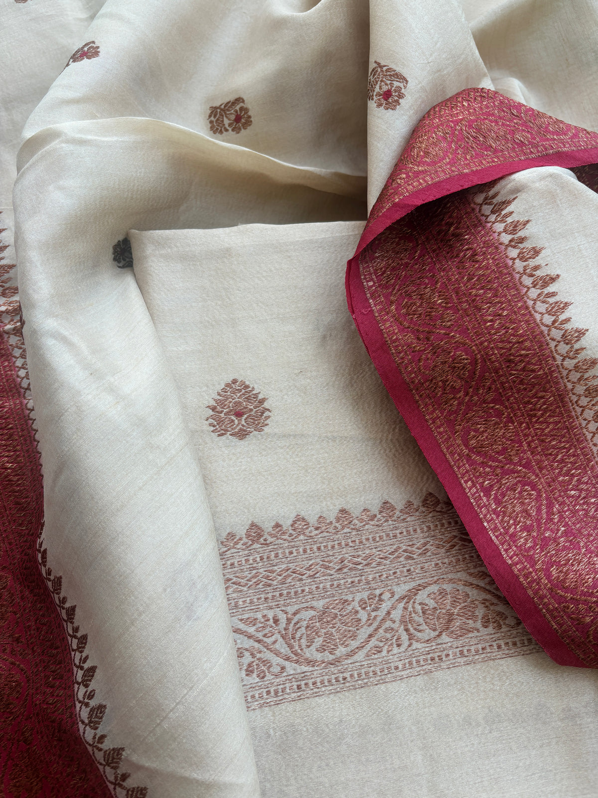 Cream tussar suit with red shaded dupatta