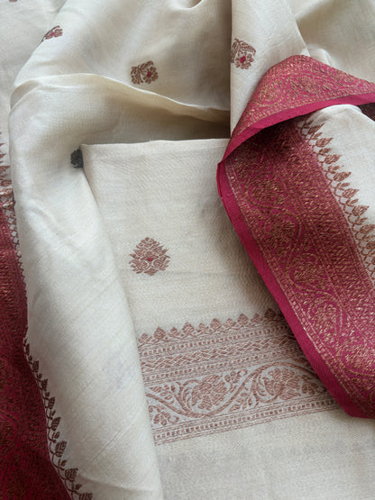Cream tussar suit with red shaded dupatta