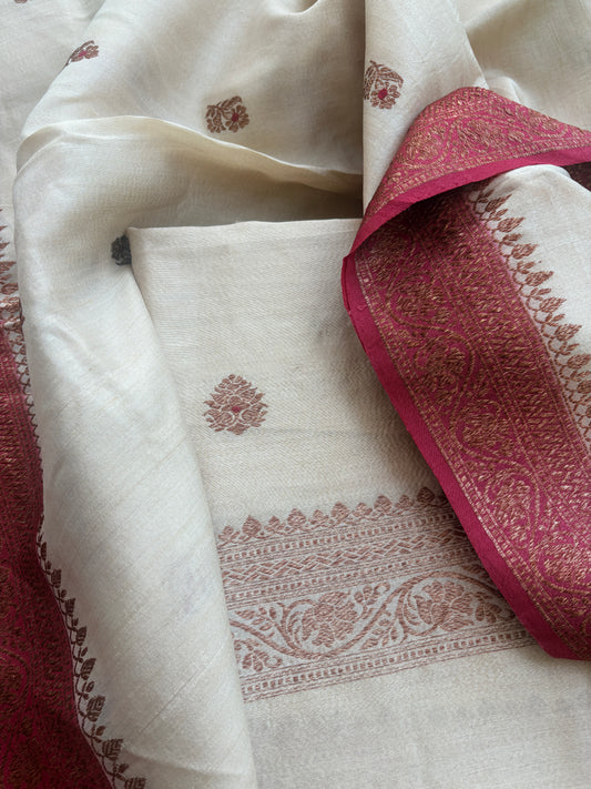 Cream tussar suit with red shaded dupatta