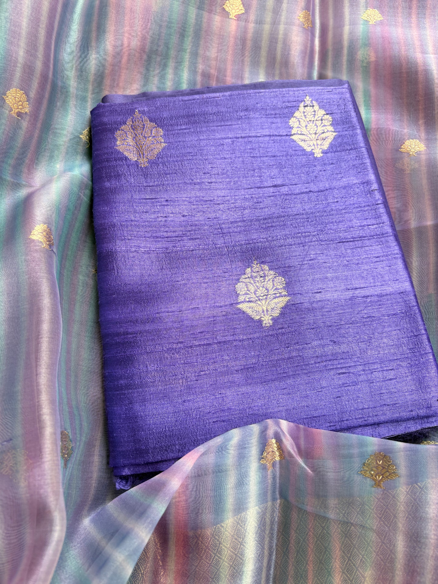 Pure raw silk kurta, bottom and kora digital dyed dupatta
