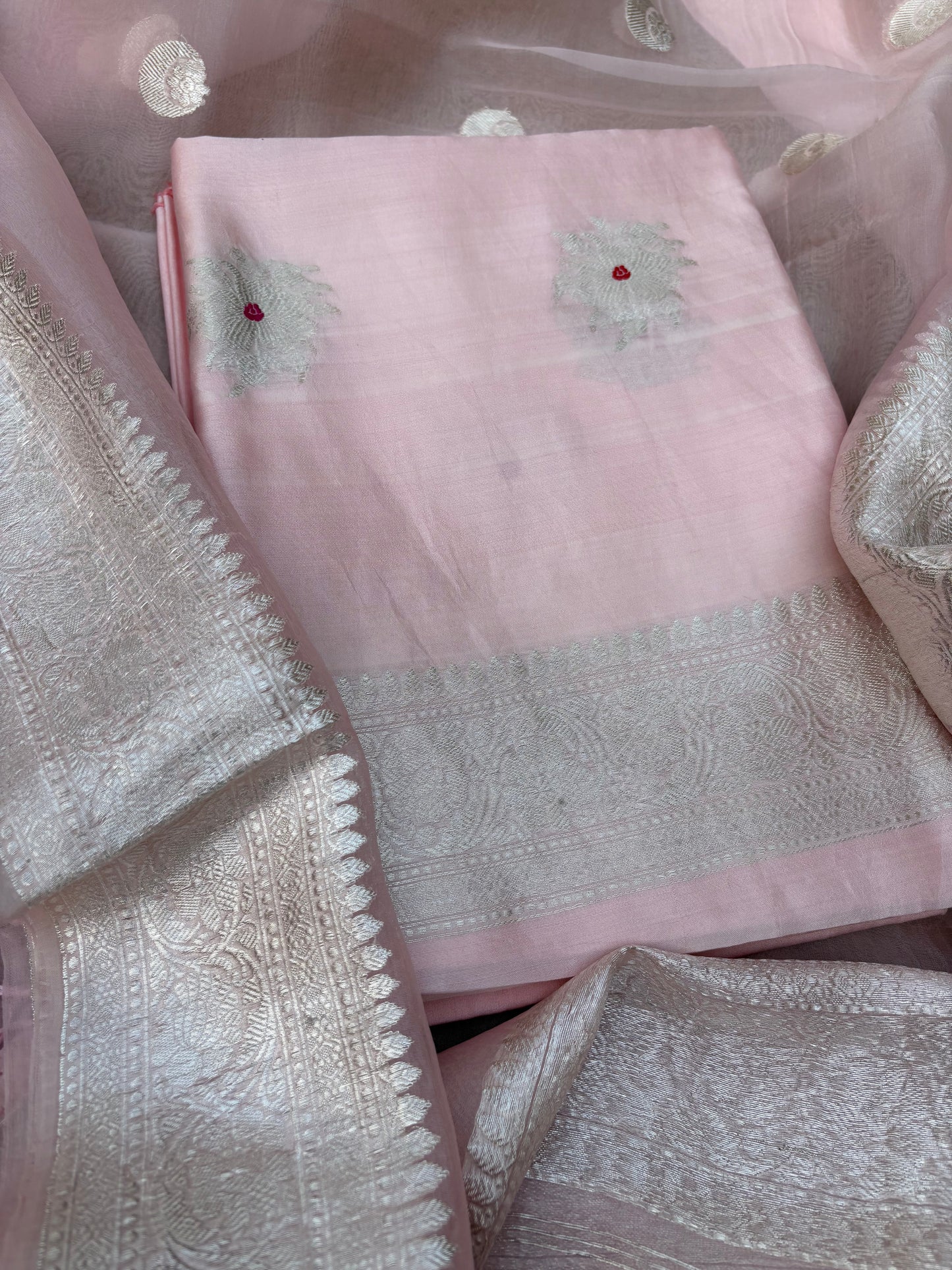 Pink Chiniya silk  silver zari 3 piece suit set