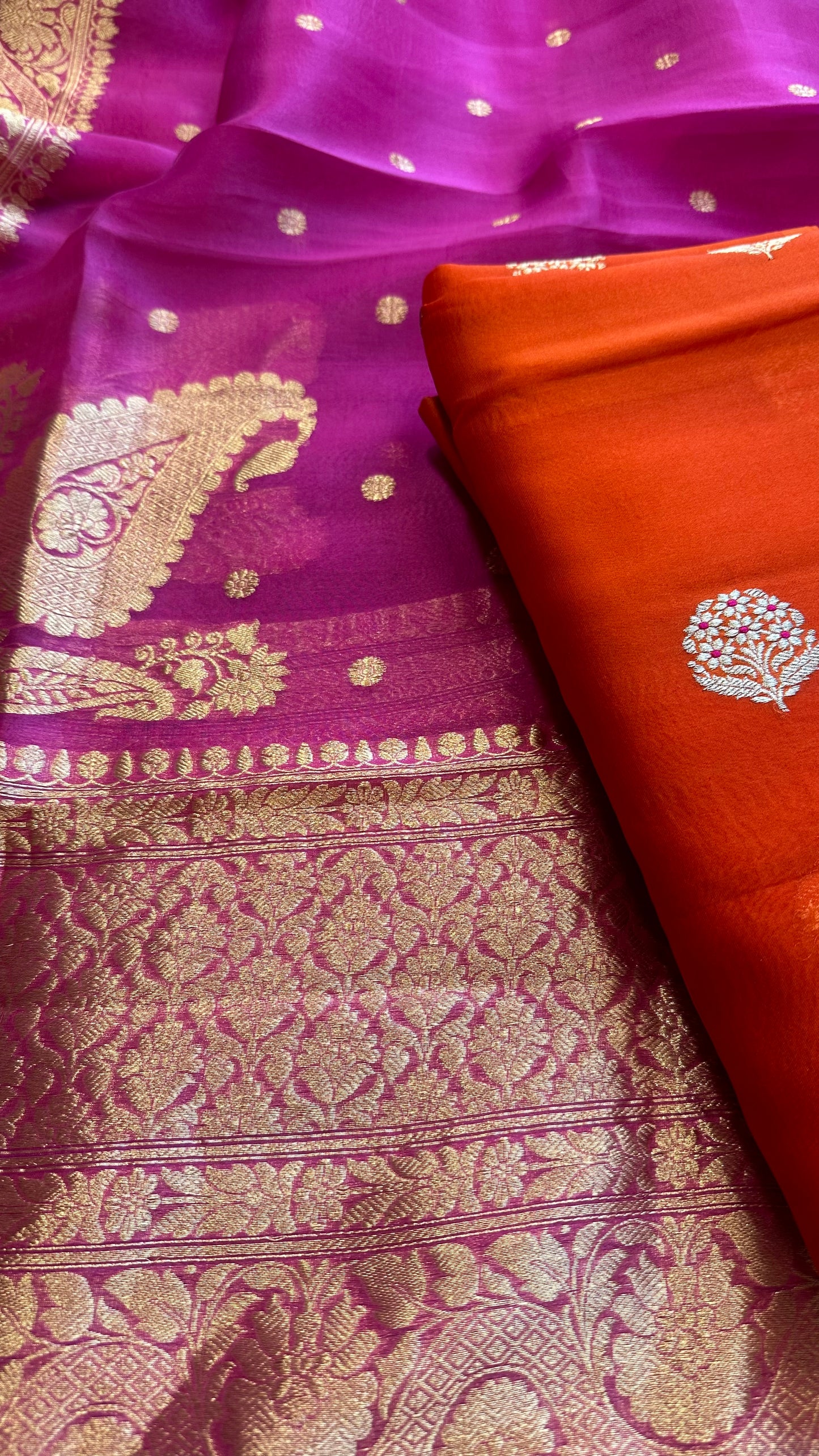 Orange kora silk kurta, magenta kora dupatta, plain bottom