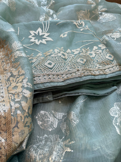 Green pita work tissue silk Suit set