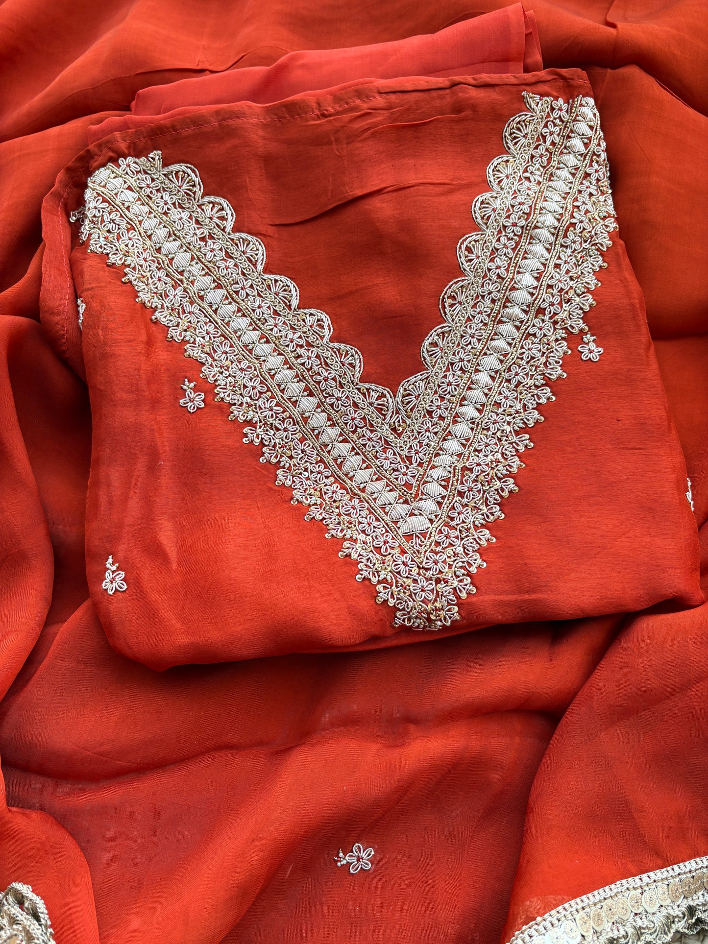 Rust crepe hand embroidery suit set