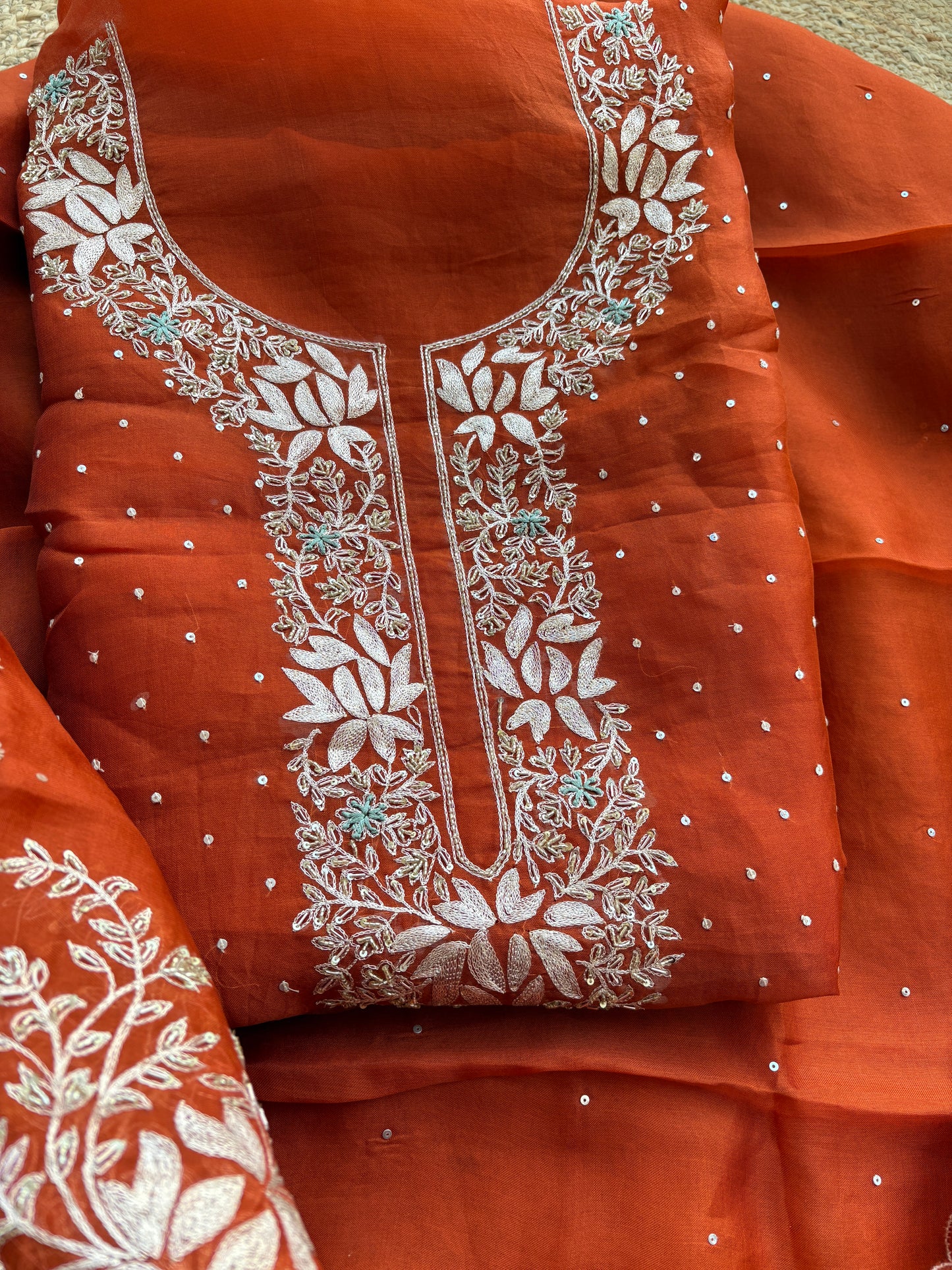 Rust kora silk hand embroidery suit set