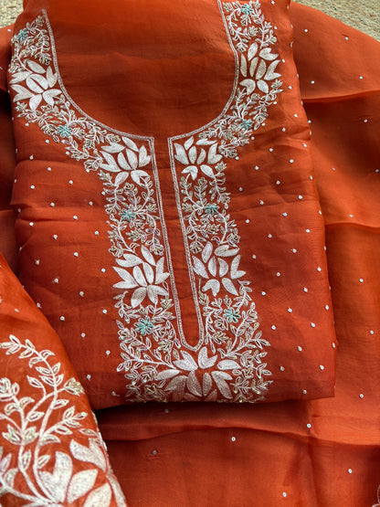 Rust kora silk hand embroidery suit set