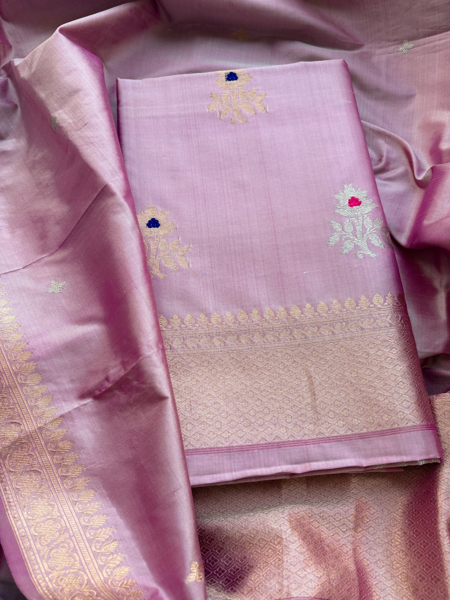 Pink lavender katan by katan silk kadhwa suit set