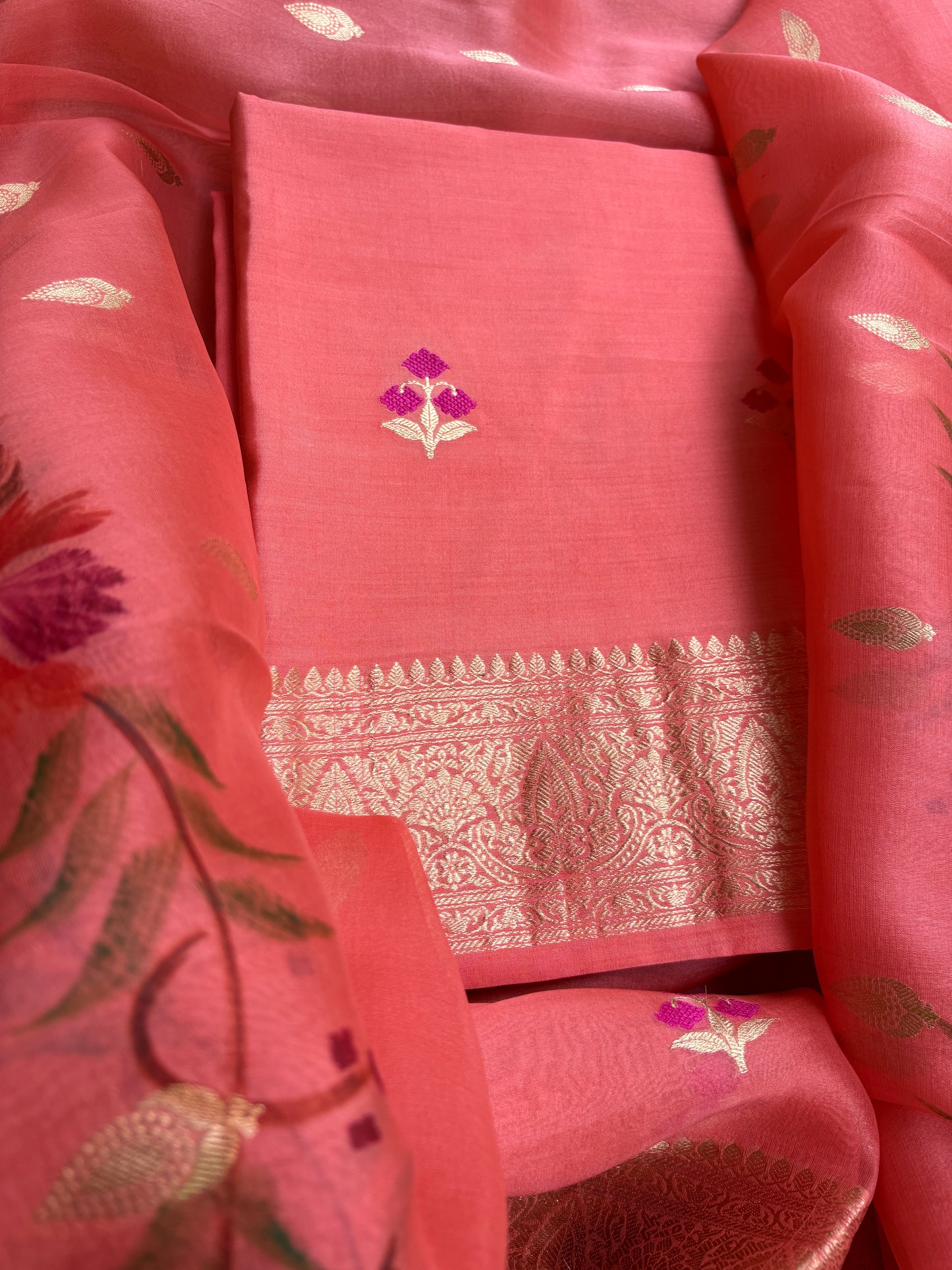Peach Chiniya kora silk suit ( hand brushed border)