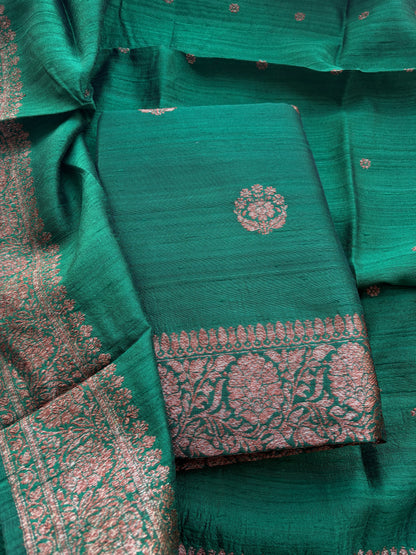 Green raw silk kadhwa suit set, raw silk dupatta