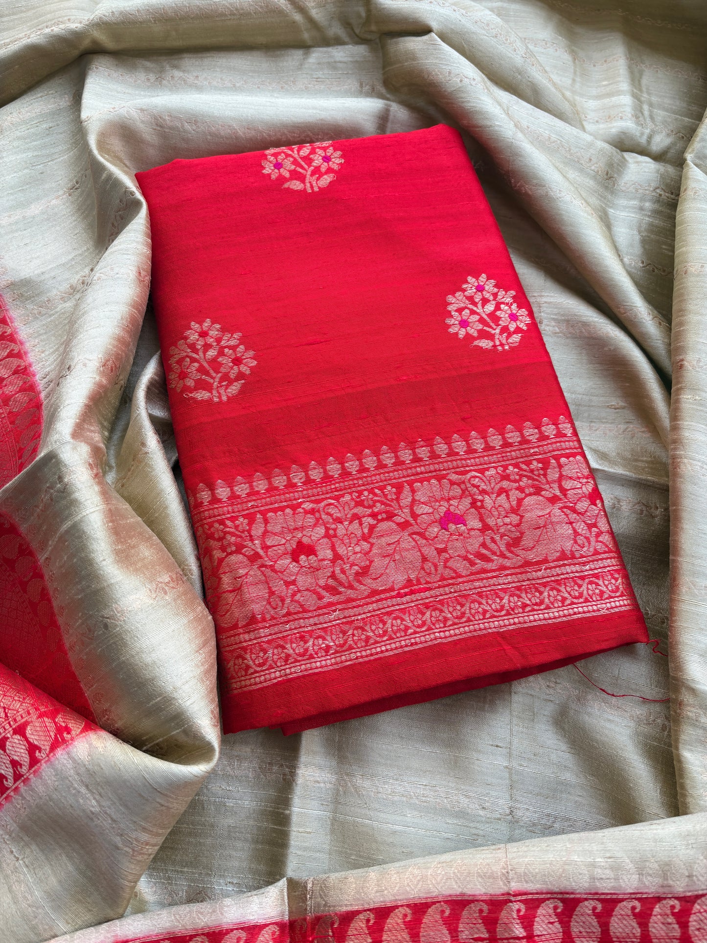 Red raw silk suit with chap dyed raw silk dupatta