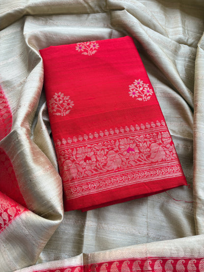 Red raw silk suit with chap dyed raw silk dupatta