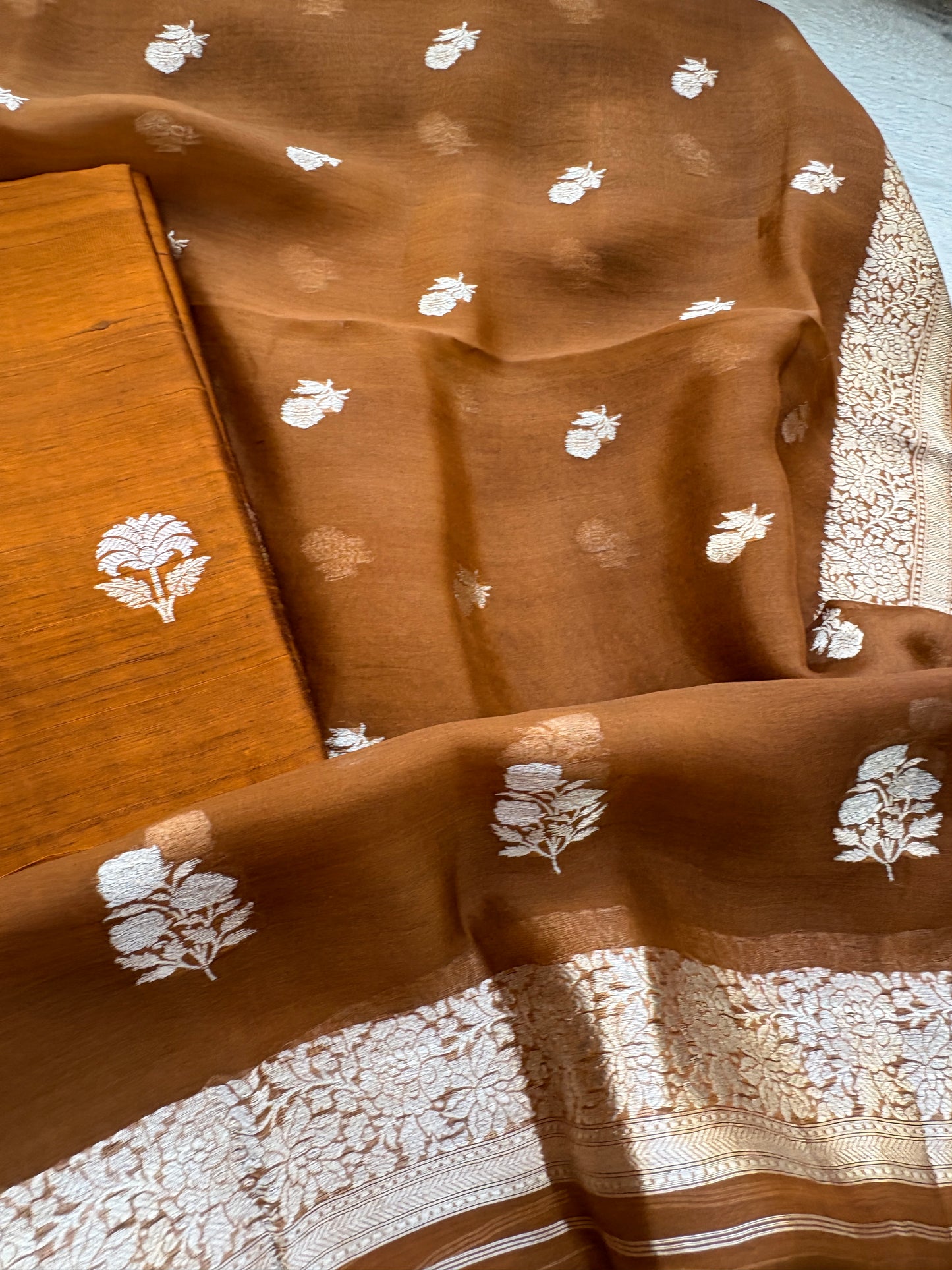Rust raw silk suit set with kora silk bottom
