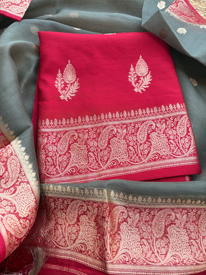 Red Chiniya silk suit with shaded dupatta