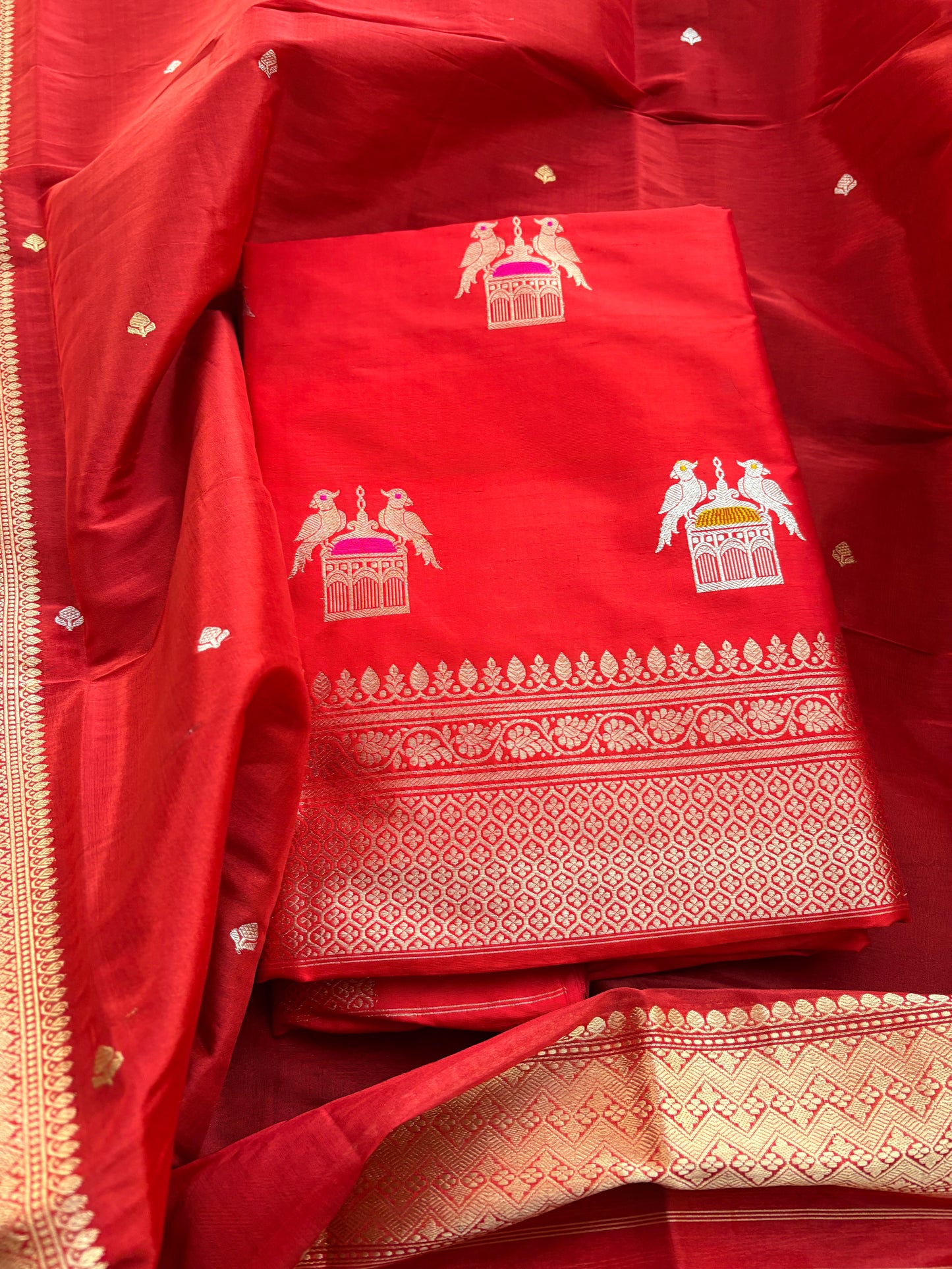 Red katan by katan silk kadhwa suit with tissue dupatta