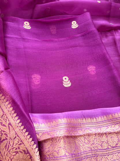Purple lavender kora silk suit set with shaded dupatta