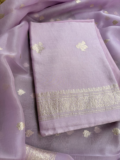 Lavender Chiniya silk silver zari 3 piece suit set
